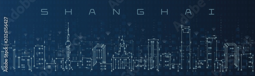 Shanghai Smart City Skyline Vector in Circuit Board Style Futuristic Technology Background
