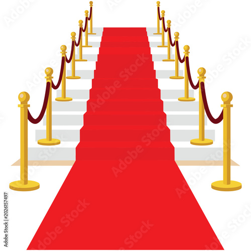 Schilderij op canvas Red carpet with stairs and golden stanchions for event entrance.