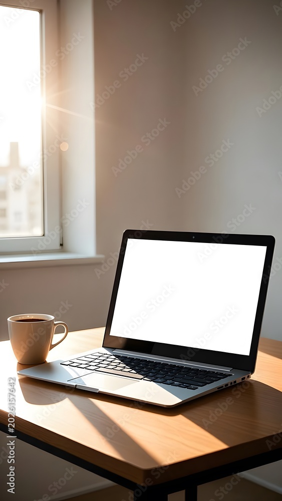 Fototapeta premium Computer with white screen on a modern desk, clean office environment, natural lighting, digital space for advertisements.