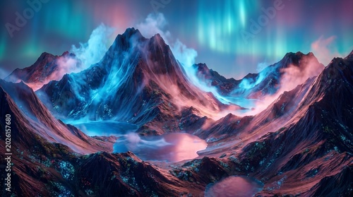 Fantasy Mountain Range with Aurora Borealis Mist and Glowing Teal Lake at Night