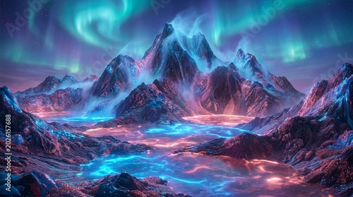 Glowing Mountain Range with Aurora Borealis and Bioluminescent Lava Rivers at Night