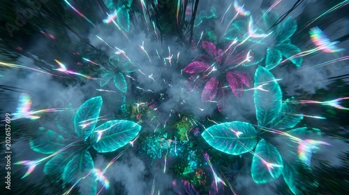 Zooming Through Neon Glowing Tropical Leaves in Misty Fantasy Jungle