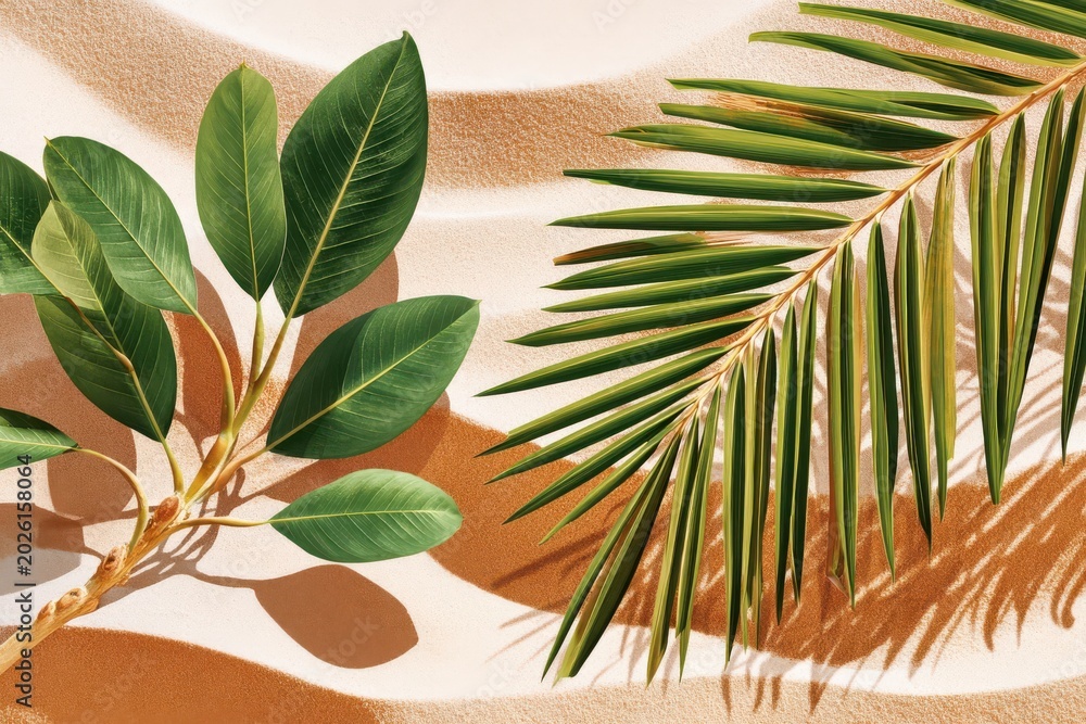 Fototapeta premium Sunlit palm and tropical leaves casting shadows over rippled beach sand in overhead composition