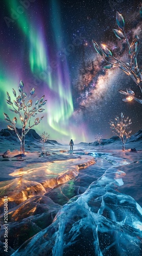 Aurora Sky Over Frozen Alien Planet With Crystal Trees