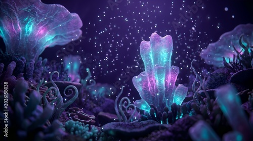 Glowing Bioluminescent Deep Sea Alien Plant and Coral Reef