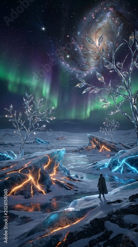 Frozen Cosmic Landscape With Aurora And Crystal Trees