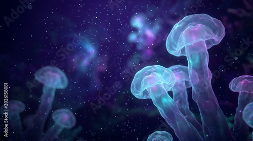 Bioluminescent alien mushrooms or translucent glowing organisms deep underwater