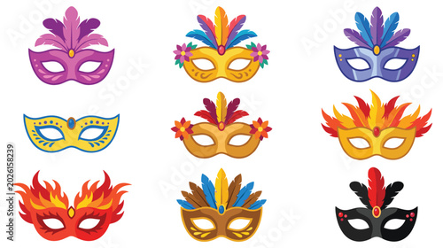 Bild auf Leinwand Set of bright festive carnival masks decorated with colorful feathers