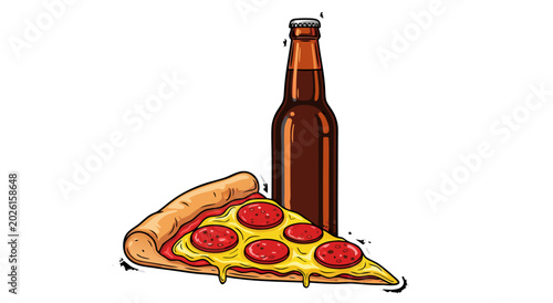 Foto A delicious slice of pepperoni pizza with a bottle of beer vector illustration,