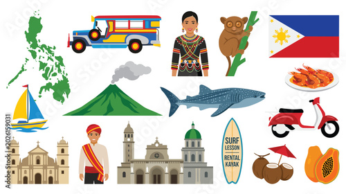 Foto Philippines travel cultural icons and landmarks set collection.