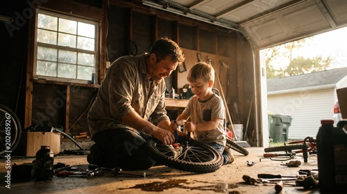 A father and son repair a bicycle tire together in a sunlit garage. This heartwarming scene captures a moment of teaching and bonding. Ideal for parenting and family lifestyle projects.
