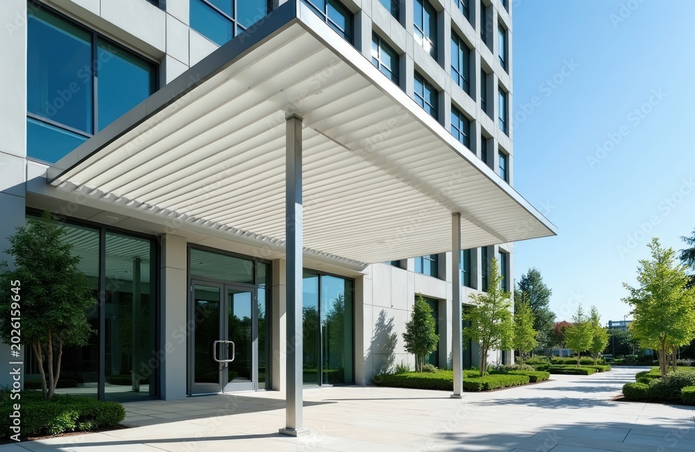 Fototapeta premium Modern office building entrance with white slatted pergola roof. Clean exterior with glass doors windows. Landscaped plaza outdoor area with trees.