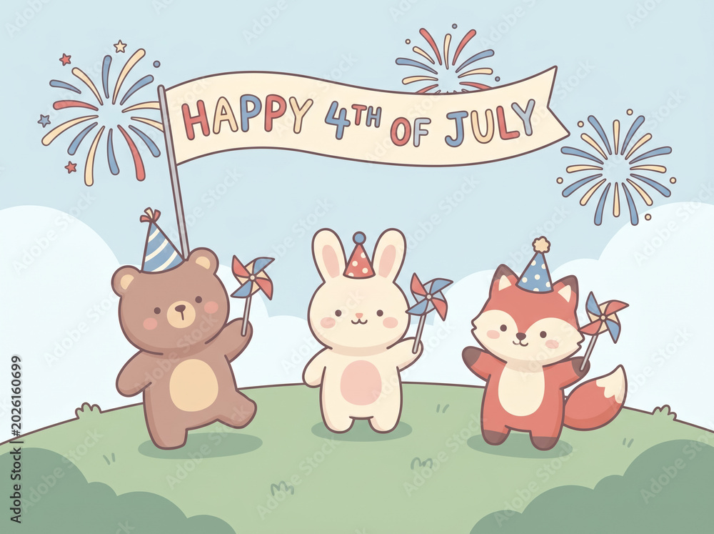 Naklejka premium Adorable cartoon bear rabbit and fox celebrating Fourth of July