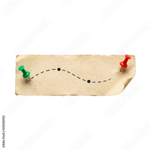 Old paper scrap with dotted path route and push pins on a transparent background PNG file
