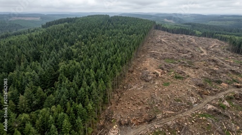 Aerial view of deforestation contrasting with a lush, thriving forest ecosystem.