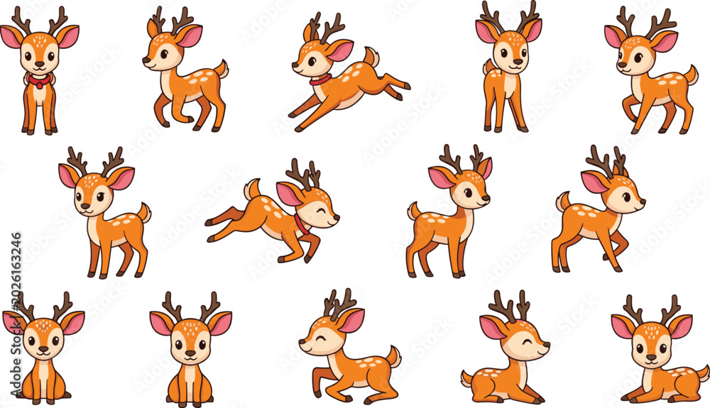 Fototapeta premium Set of Cute Cartoon Deer Illustrations with Antlers for Kids, Nature, and Forest-Themed Designs – Playful, Friendly, and Adorable Characters