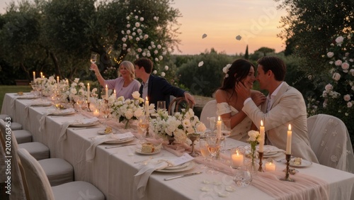 Romantic Wedding Reception Dinner Outdoors in an Olive Grove