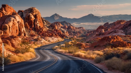 Golden hour drive along scenic sandstone cliffs in Nevada desert