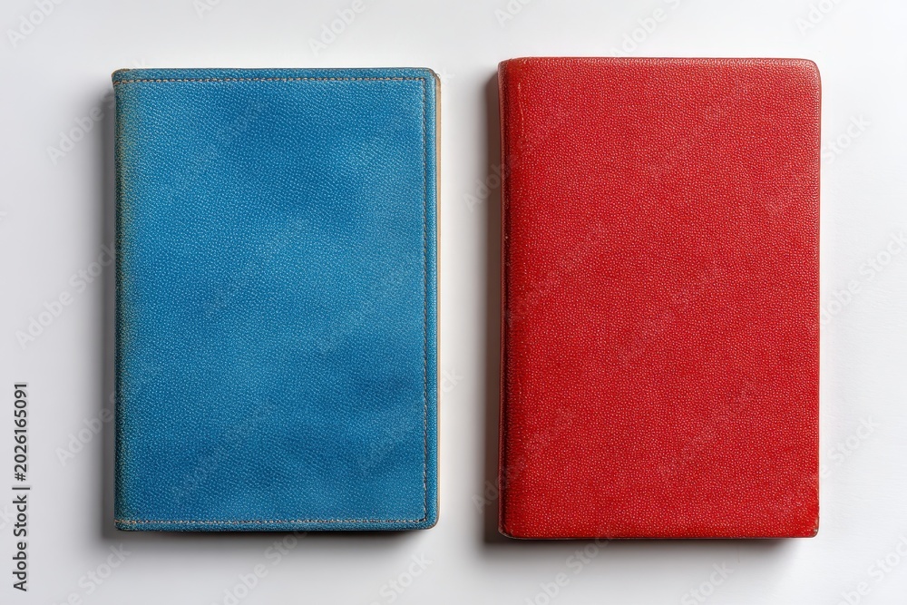 Fototapeta premium Flat lay image of blue and red passport covers on a bright white surface