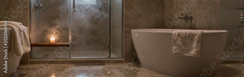 Freestanding bathtub with towel and steam in marble bathroom