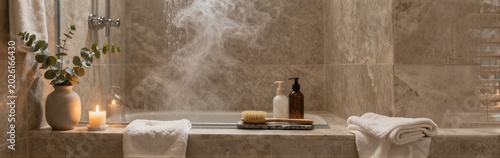 Bathtub filled with steam and toiletries in marble bathroom