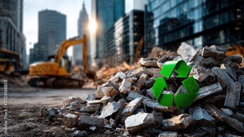 Urban construction site with rubble and a green recycling symbol, highlighting eco-friendly waste management and sustainability.