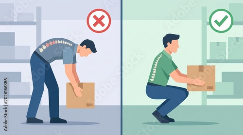 This shows two lifting techniques. One displays poor form with a strained back, while the other shows proper squat technique.