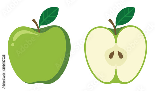 Bild auf Leinwand Green Apple: A vibrant green apple, whole and halved, revealing its juicy interior