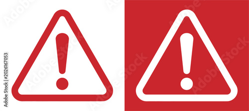 Bild auf Leinwand Warning Sign Icons: Two triangular warning signs featuring an exclamation mark, one on a white background and the other on a red background, symbolizing alert and caution