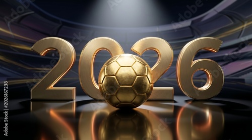 Golden soccer ball and bold 2026 numbers illuminated by spotlight