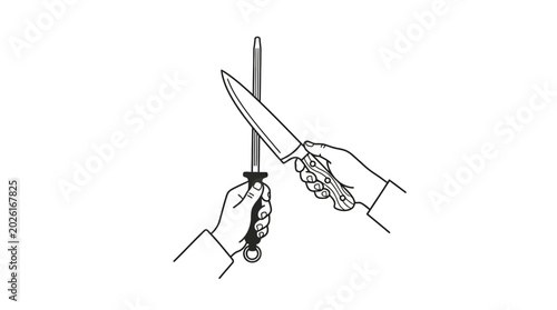 Tableau sur toile Illustration of hands sharpening a kitchen knife with a honing rod