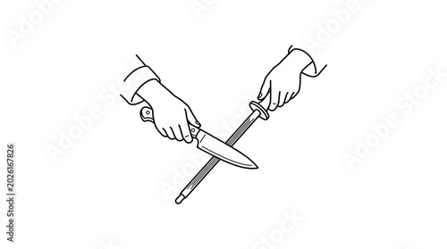 Konstfotografi Line art illustration of hands sharpening a kitchen knife with a honing rod