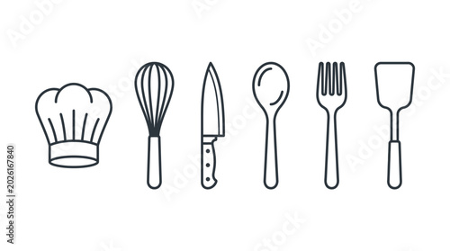 Bild auf Leinwand Set of simple line art cooking and kitchen utensils icons.