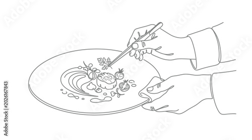 Billede på lærred Chef plating gourmet food with tweezers line art illustration.
