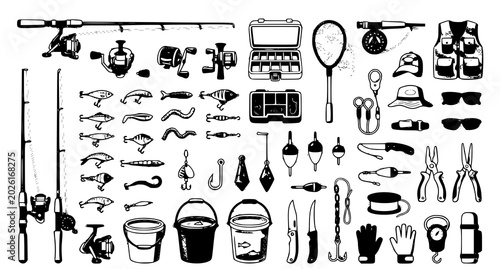 Tableau sur toile Fishing gear illustration collection with hooks rods reels and outdoor tackle ve