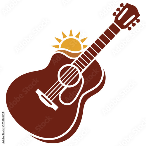 Canvas Print Acoustic guitar illustration with sun and wave graphic elements on white backgro