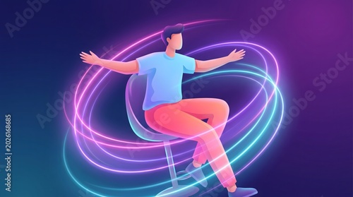 Man sitting on a glowing chair with neon lights swirling around him in purple and blue hues