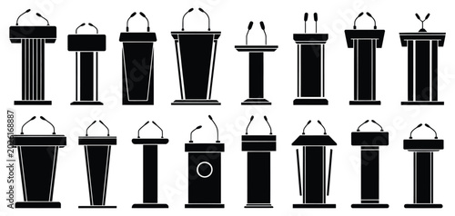 Fotografie Tribunal Rostrum Icon Set with Black Podium, Microphone Stand, Courtroom Speaker
