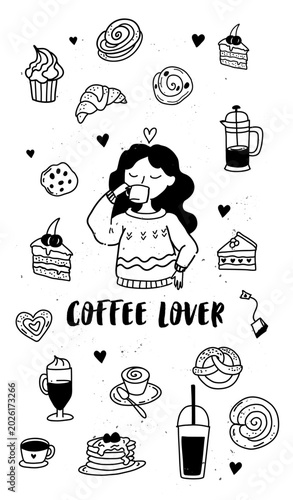 Coffee time black and white doodle line art vector. Hand-drawn minimal illustration for menus, banners, stickers, and cozy cafe designs.