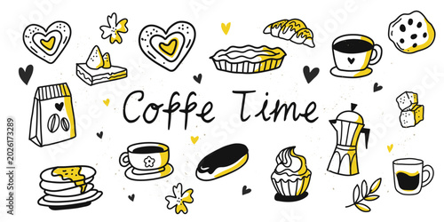 Coffee time black and white doodle line art vector. Hand-drawn minimal illustration for menus, banners, stickers, and cozy cafe designs.