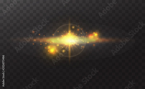 Gold sparkle stars and radiant light effects vector illustration on black background. Elegant glowing elements. Perfect for branding, invitations, backgrounds.