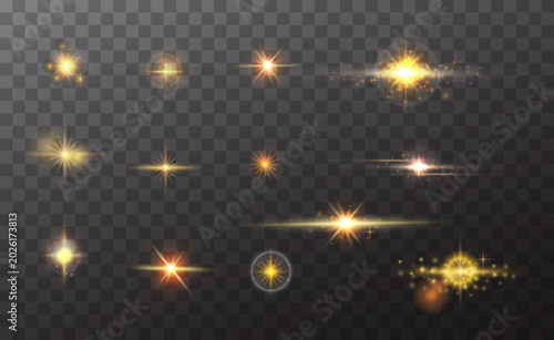 Gold sparkle stars and radiant light effects vector illustration on black background. Elegant glowing elements. Perfect for branding, invitations, backgrounds.