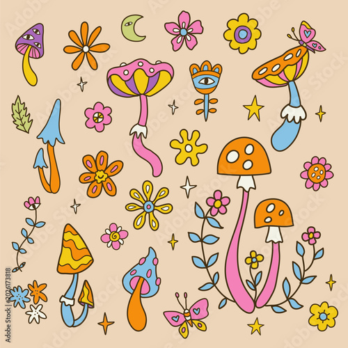 Colorful dopamine mushrooms seamless pattern vector illustration. Playful psychedelic fungi line art. Perfect for fabric, wallpaper, packaging, 60s, 70s
