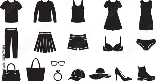 Foto Black clothing and accessories icons set isolated on transparent background, Vec