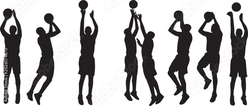 Fotografía Black silhouette of basketball players throwing ball in various poses isolated o