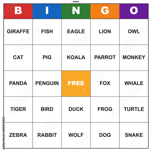 Animal word bingo game card. Printable template for a fun classroom or party activity