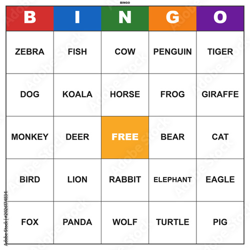 Bingo card featuring various animals in a grid format  