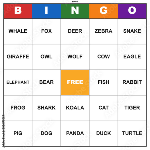 Animal themed bingo card with words. Printable game template for educational and party activities