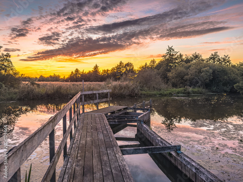 Wooden Jetty on Drentse Aa River at Sunset, Drenthe, Netherlands