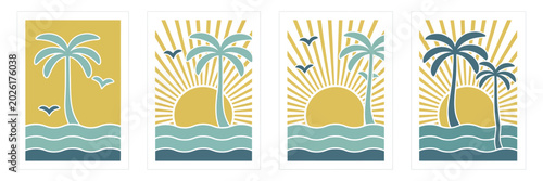 Obraz na płótnie Boho Groovy Palm Tree Beach Sun Sea Vector Illustration Background in Trendy Ret